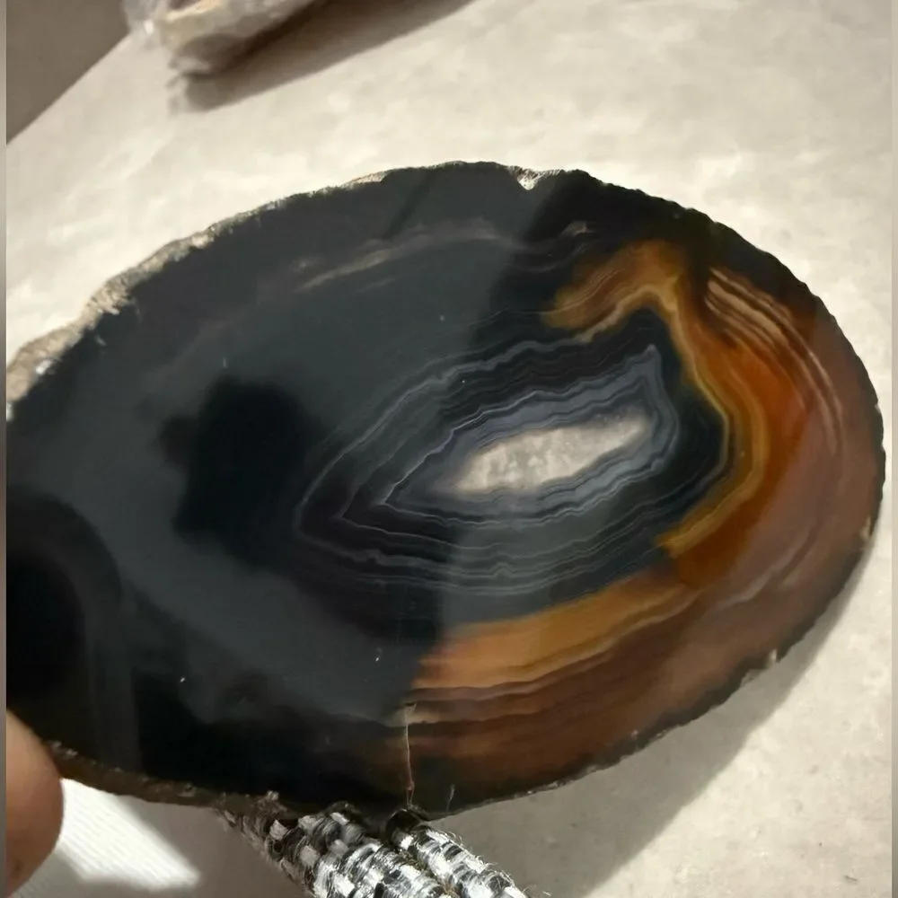 Brown Black Polished Agate Slice – Natural Crystal Display Stone 4.75”